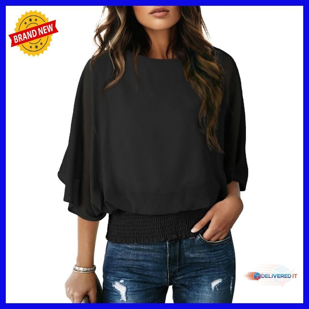 Chiffon Blouse Boat Neck 3/4 Sleeve Flowy Batwing Top